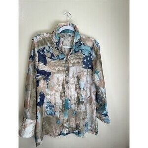 Multiples 3/4 Sleeve Button Up Top Shirt Lime Green Floral Women's Size Small